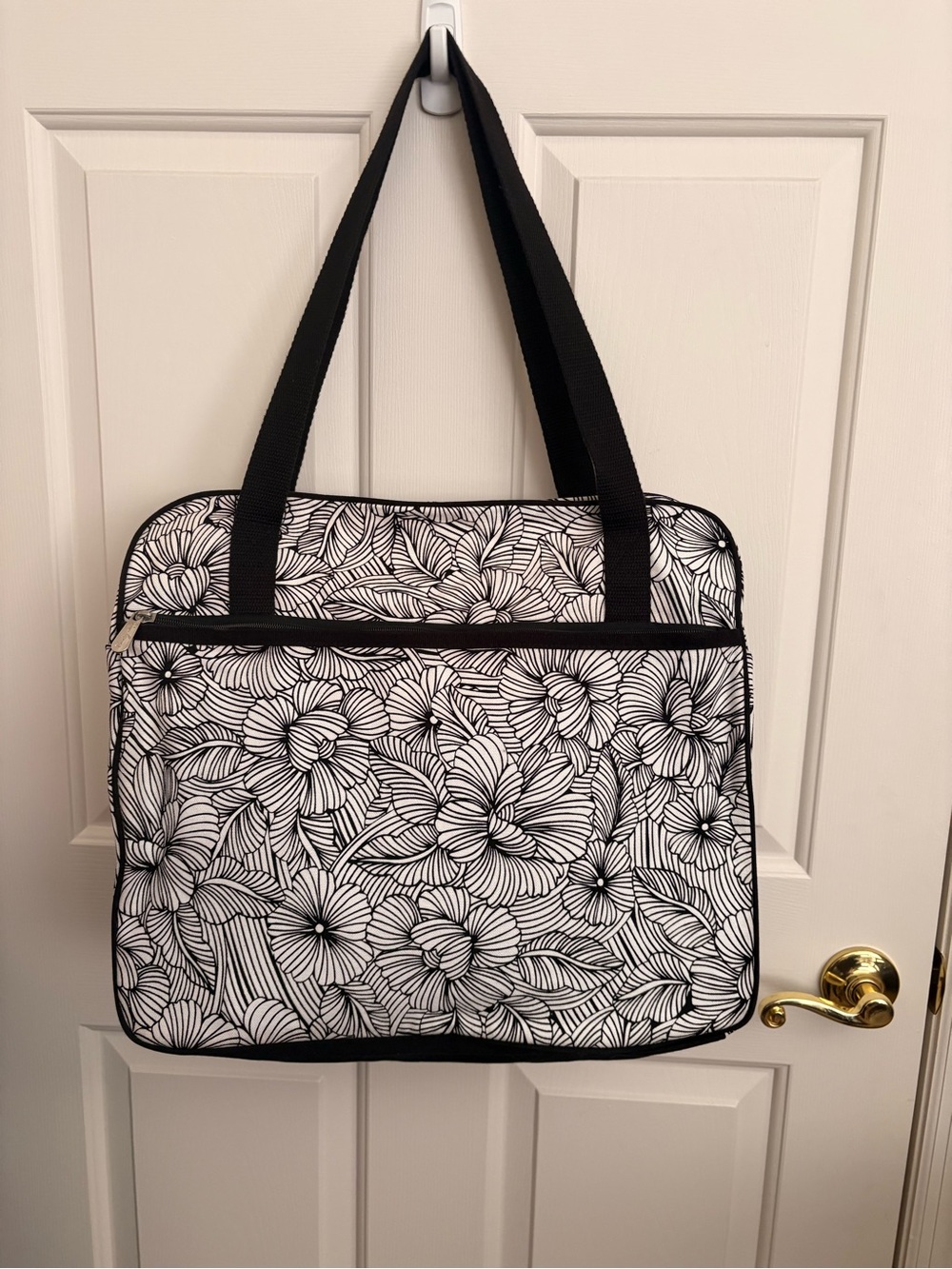 thirty-one Black and White Floral Tote with Black Straps